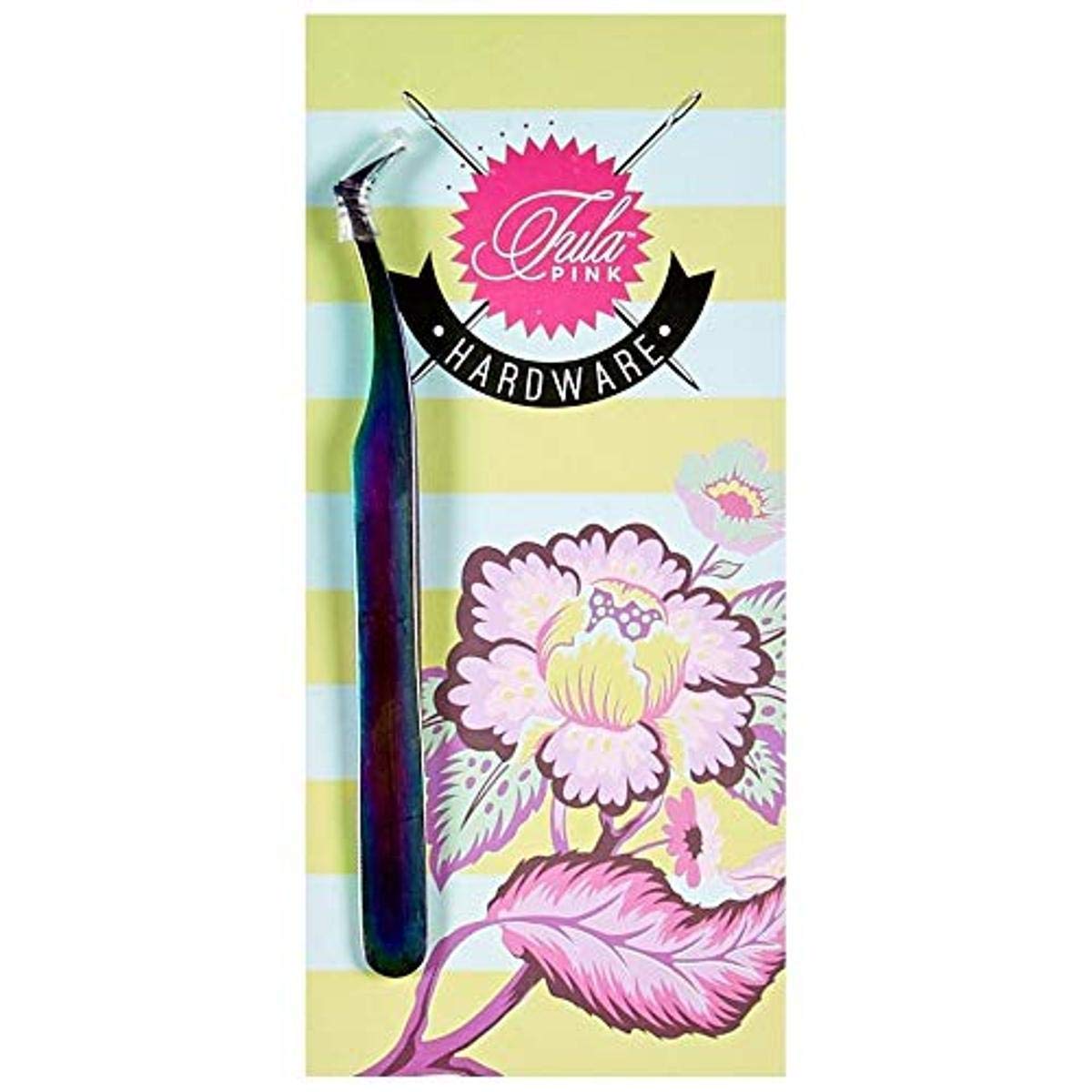 Brewer Sewing Tula Pink 4.5-inch Swiss-style angled tweezer tip for precise thread work in quilting.