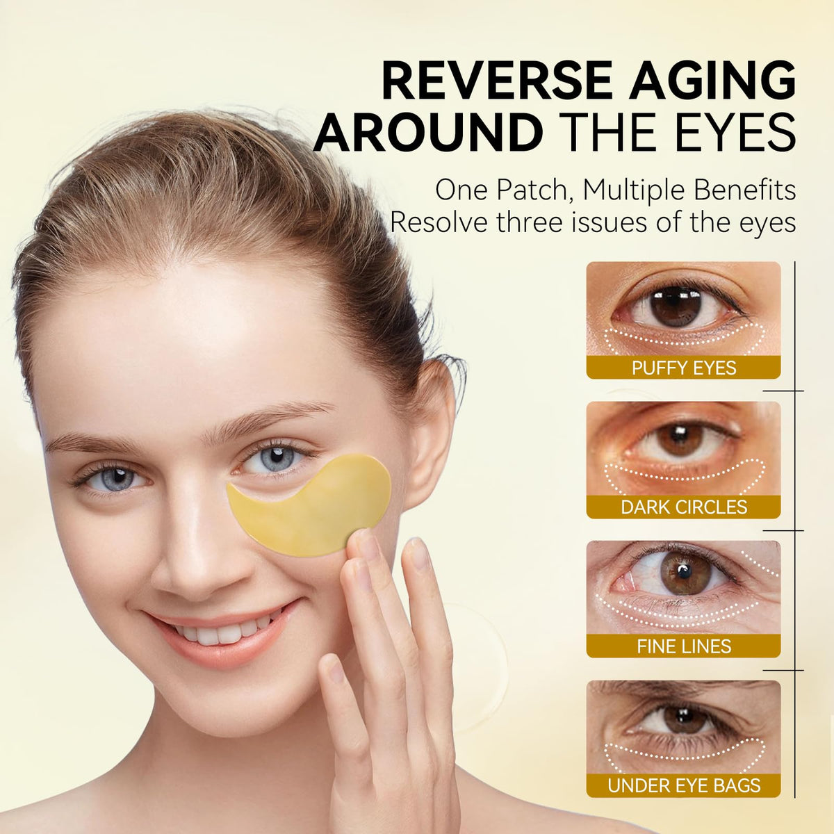 BREYLEE 24K Gold Eye Masks worn during routine to reduce puffiness and brighten.