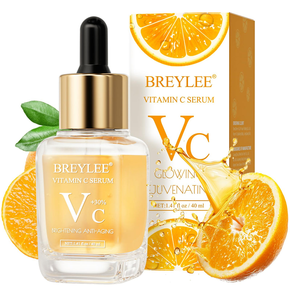 BREYLEE Vitamin C Serum bottle highlights brightening formula for all skin types