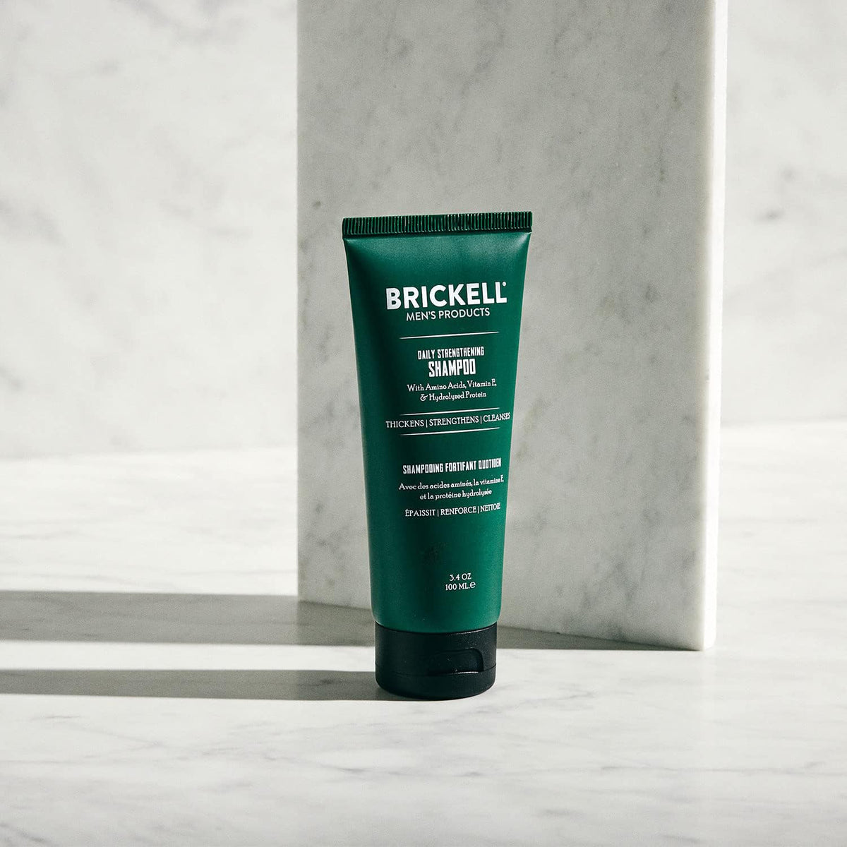 Brickell Daily Strengthening Shampoo ingredients highlight pro vitamin B5 and hydrolyzed protein for stronger hair.