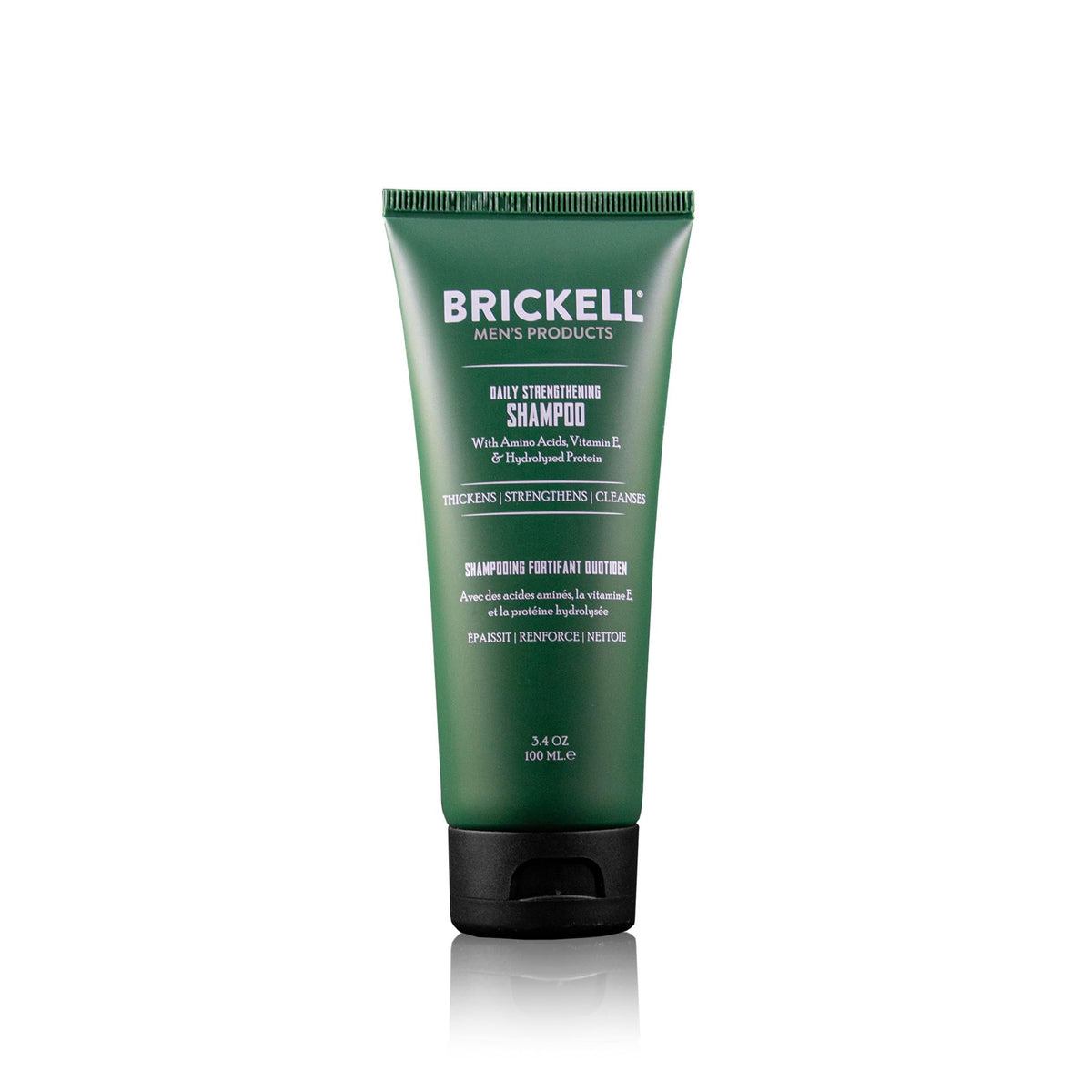 Brickell Daily Strengthening Shampoo bottle with mint and tea tree for invigorating scalp care.