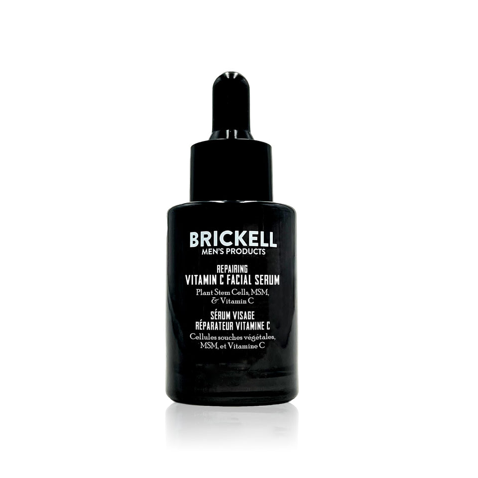 Brickell Men's anti-aging serum face bottle for nightly skincare and potential wrinkle support.