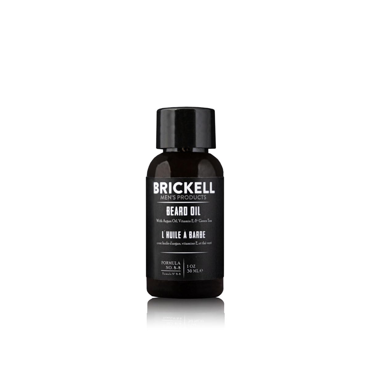 Brickell Men's Beard Oil bottle showing a soft, polished beard.