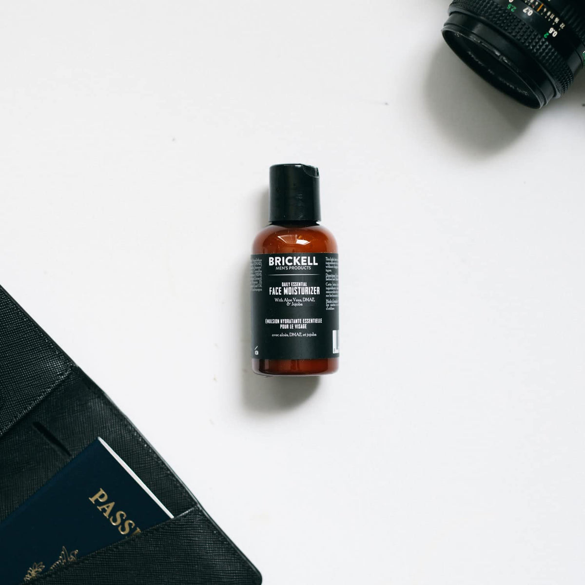 Brickell Men's Daily Essential Face Moisturizer label and branding on display.