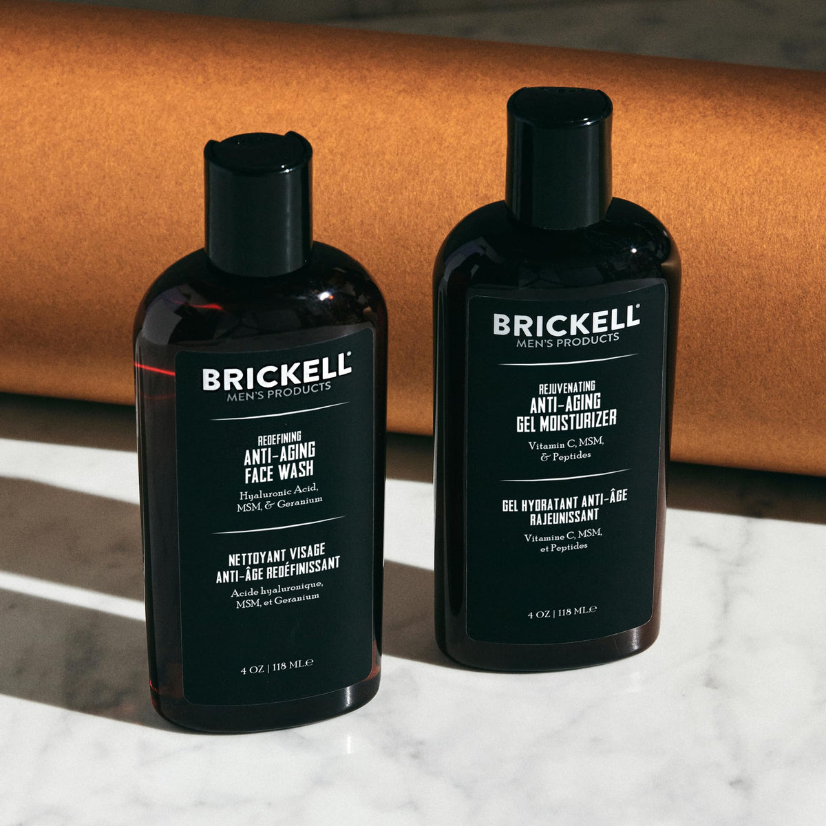 Brickell Men's Enhancing Gel Cleanser pump shot showing easy, mess-free dispensing.
