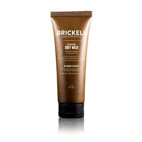 Brickell Men's Exfoliating Body Wash bottle front with mint accents for daily cleansing