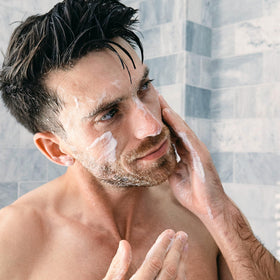 Brickell men's routine in-use image, practical daily system for cleaner, hydrated skin