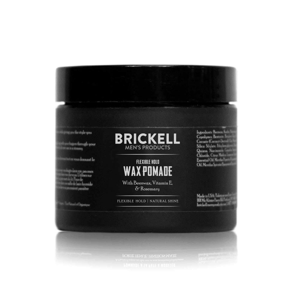 Brickell Men's Flexible Hold Pomade jar close-up for flexible hold and natural shine.