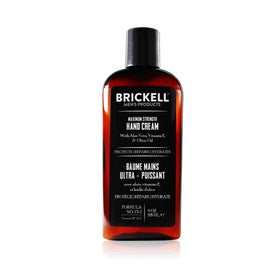 Brickell Men's Maximum Strength Hand Cream bottle front for quick hydration relief.