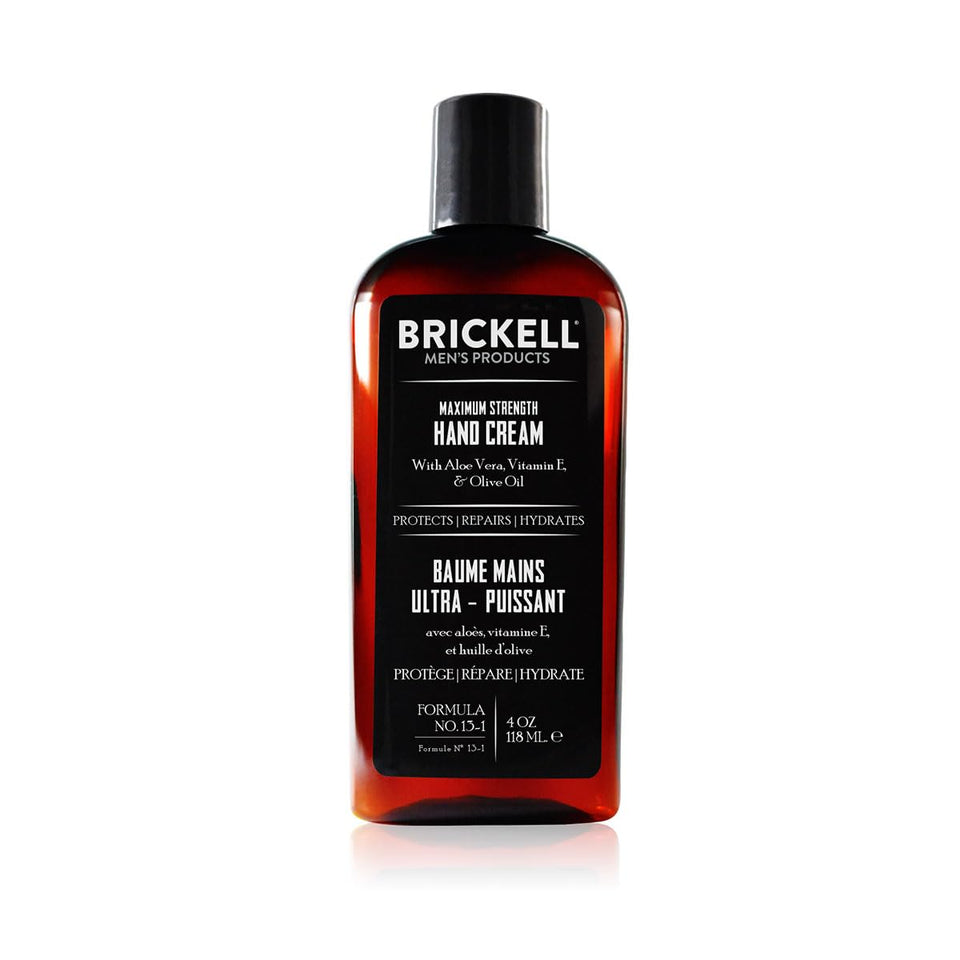 Brickell Men's Maximum Strength Hand Cream bottle front for quick hydration relief.