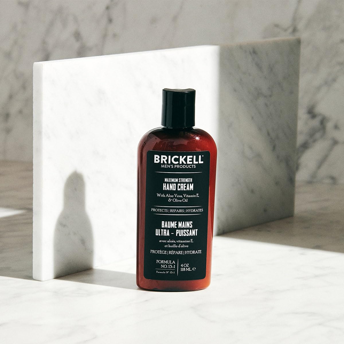 Brickell hand cream label detail showcasing natural ingredients.