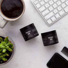 Brickell Men's pomade on glossy hair finish for a polished look
