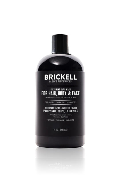 Brickell Men's Rapid Wash 3-in-1 bottle pour with fresh mint scent for daily cleansing.