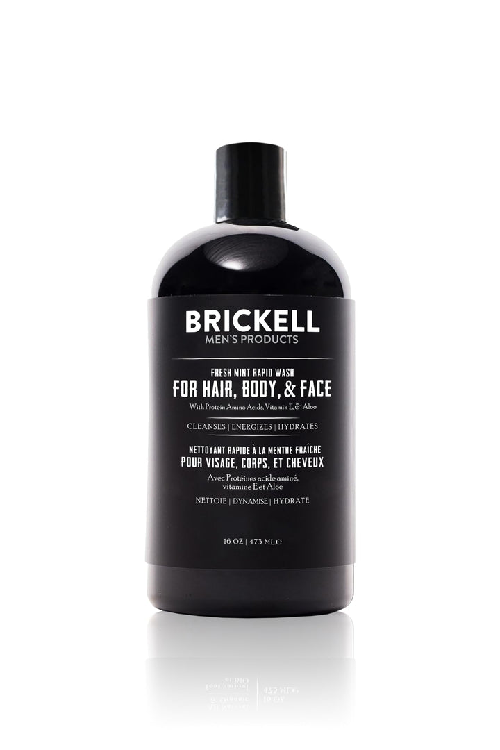 Brickell Men's Rapid Wash 3-in-1 bottle pour with fresh mint scent for daily cleansing.