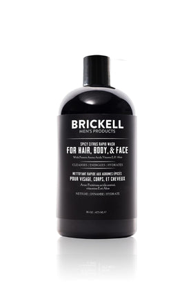 Brickell Men's Rapid Wash bottle front view, an all-in-one solution for hair, body and face