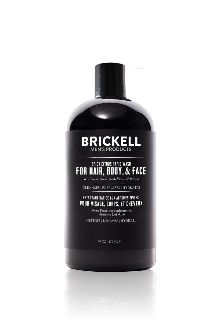 Brickell Men's Rapid Wash bottle front view, an all-in-one solution for hair, body and face