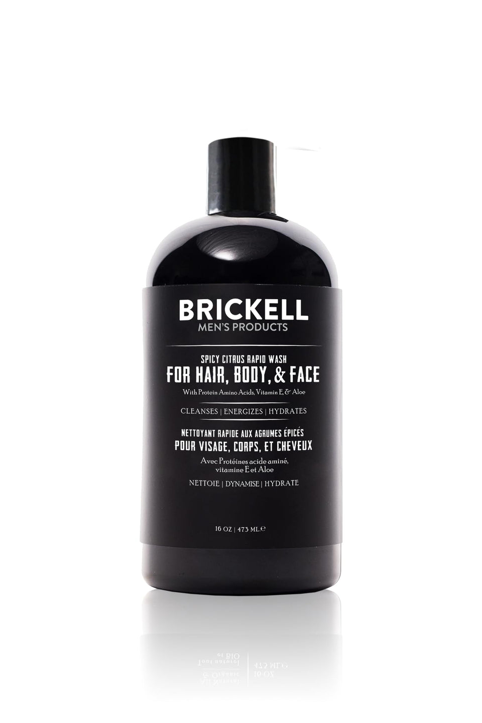 Brickell Men's Rapid Wash bottle front view, an all-in-one solution for hair, body and face
