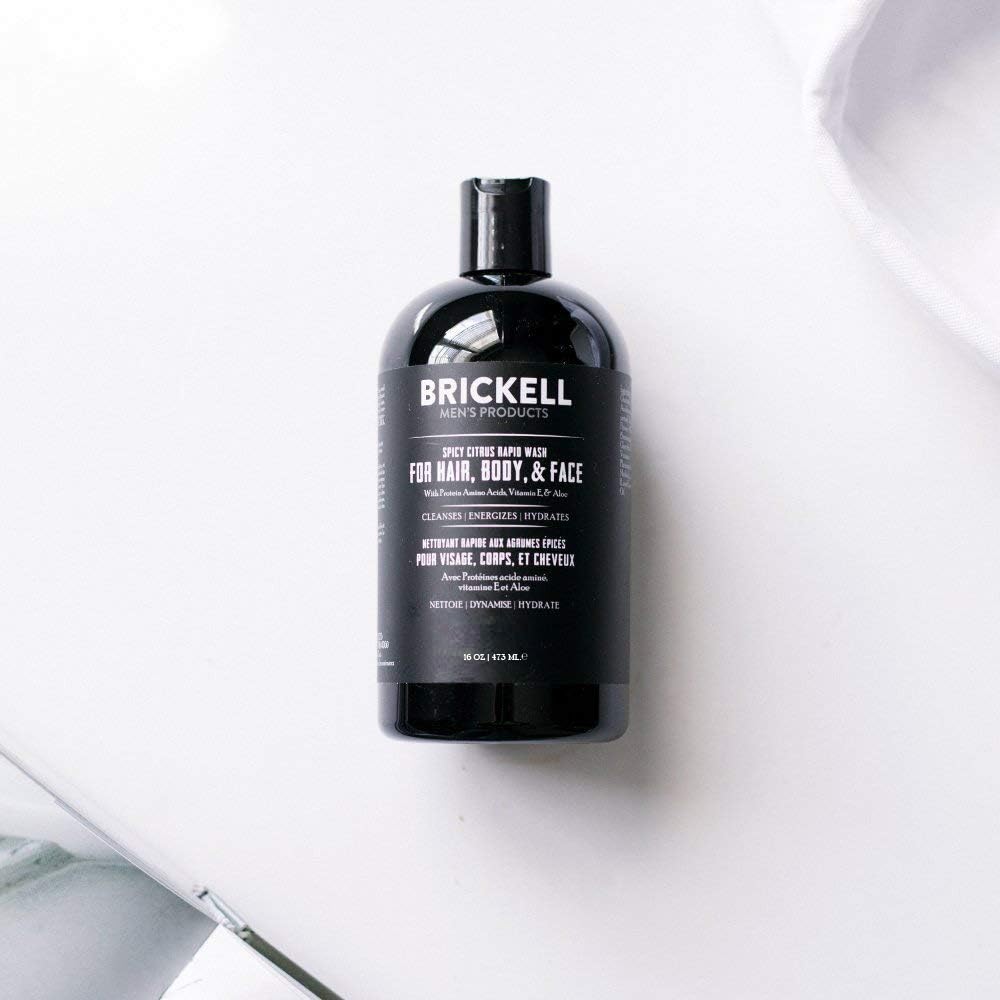 Brickell Men's Rapid Wash lathering in hair for a refreshing shower routine
