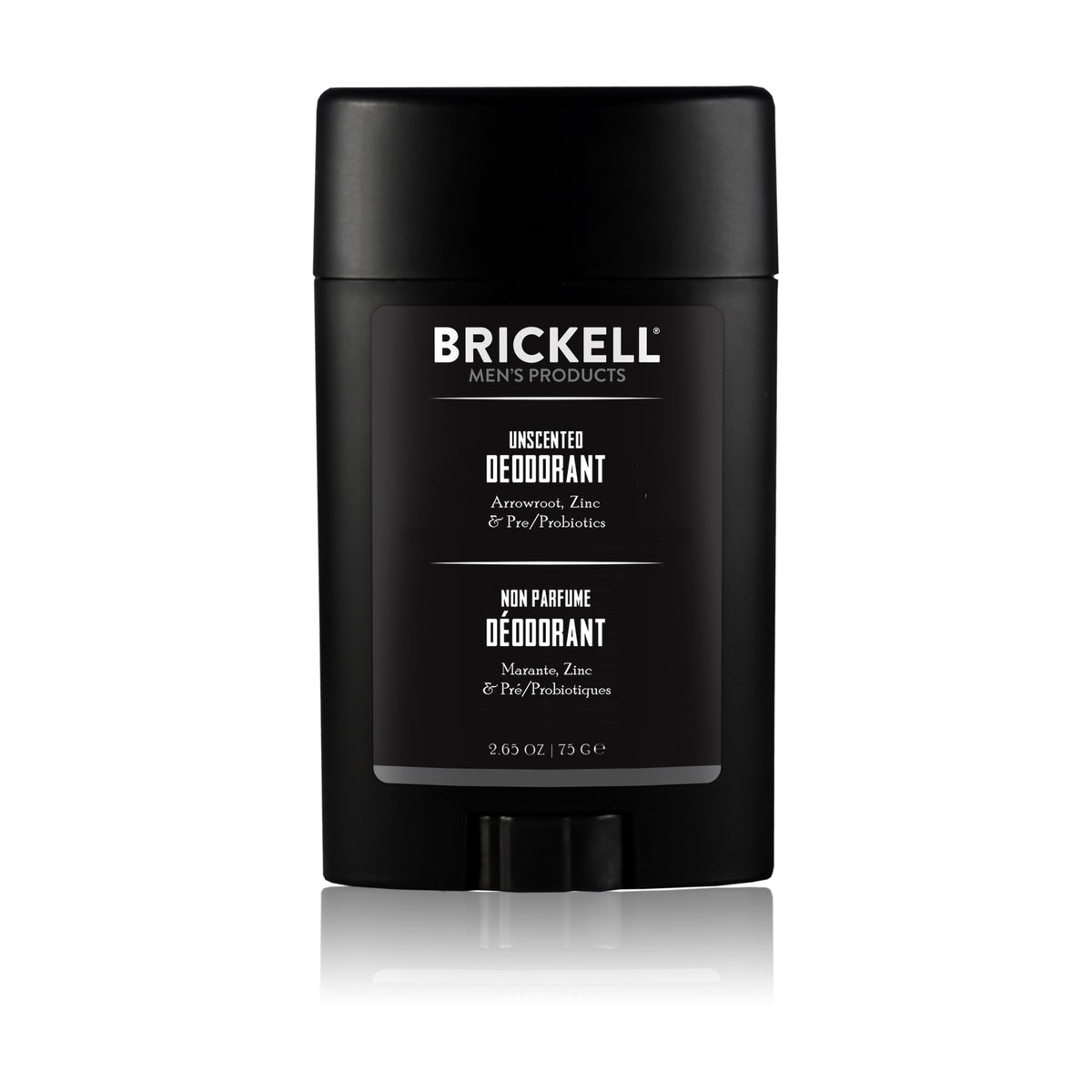 Brickell Natural Deodorant Unscented bottle close-up shows aluminum-free formula for daily use.