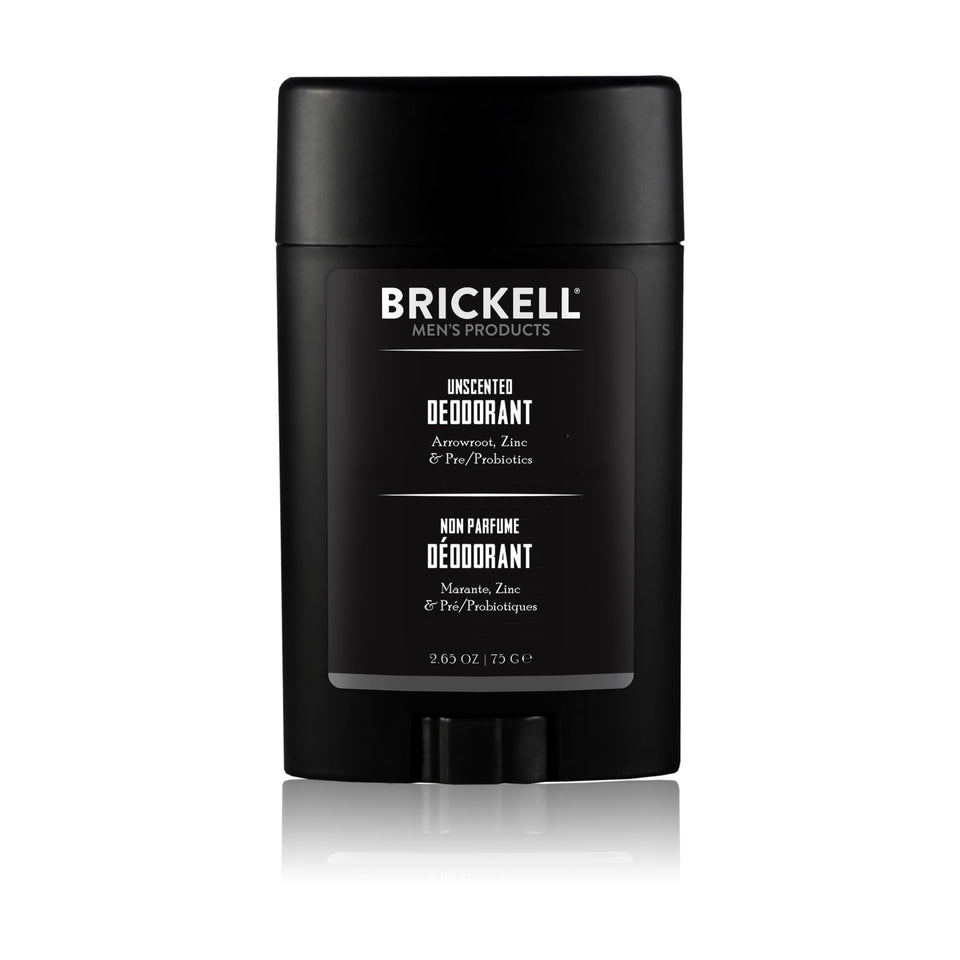 Brickell Natural Deodorant Unscented bottle close-up shows aluminum-free formula for daily use.