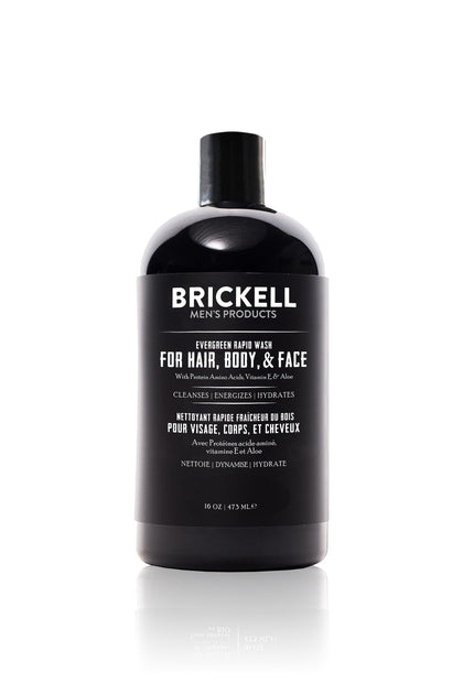 Brickell Rapid Wash pours from the bottle, a 3-in-1 cleanser for hair, body, and face and evergreen scent.