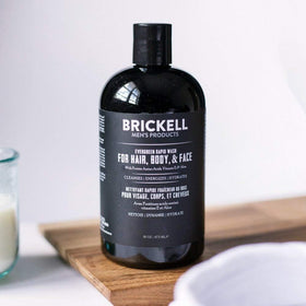 Brickell Rapid Wash foamy lather ready to cleanse skin and hair.