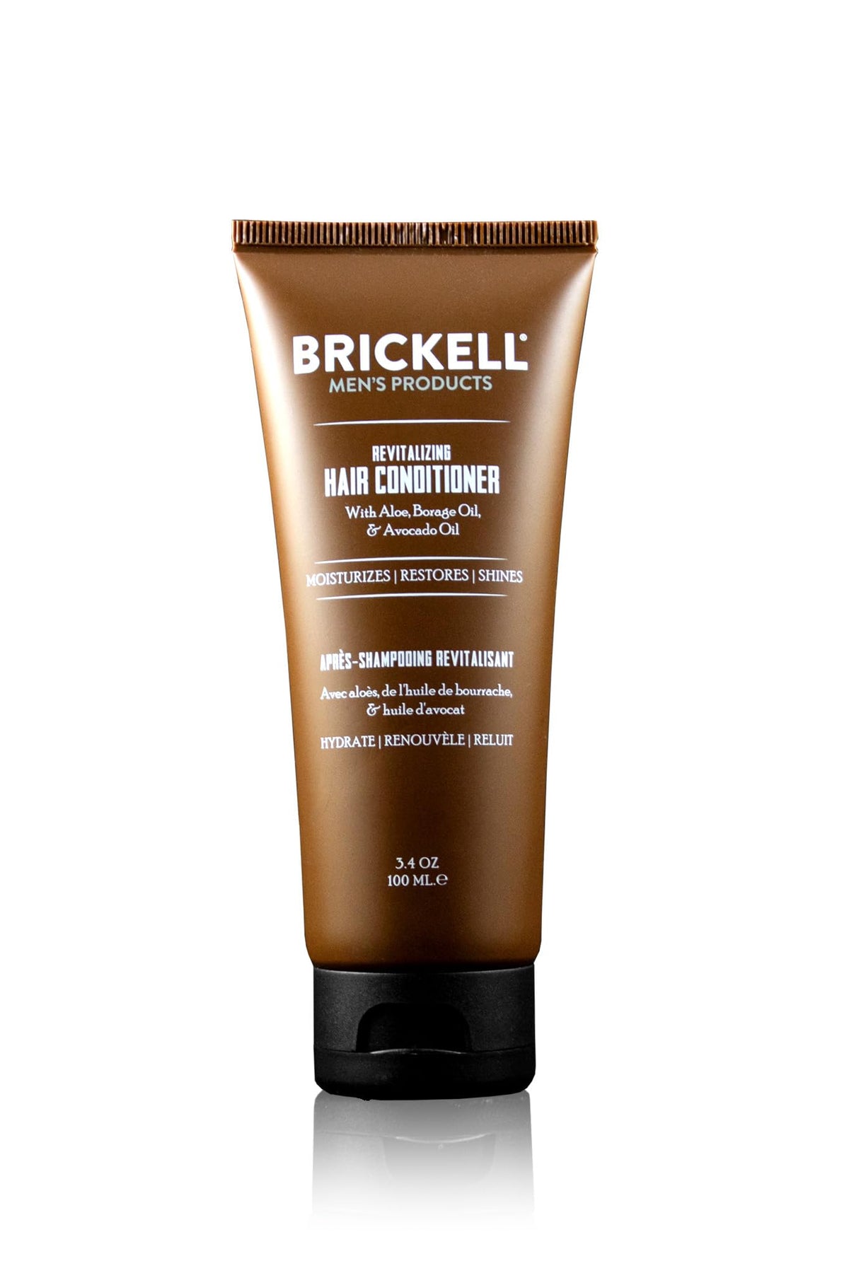Brickell Revitalizing Hair Conditioner bottle showing aloe and avocado for smoother, healthier hair.