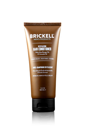 Brickell Revitalizing Hair Conditioner bottle showing aloe and avocado for smoother, healthier hair.