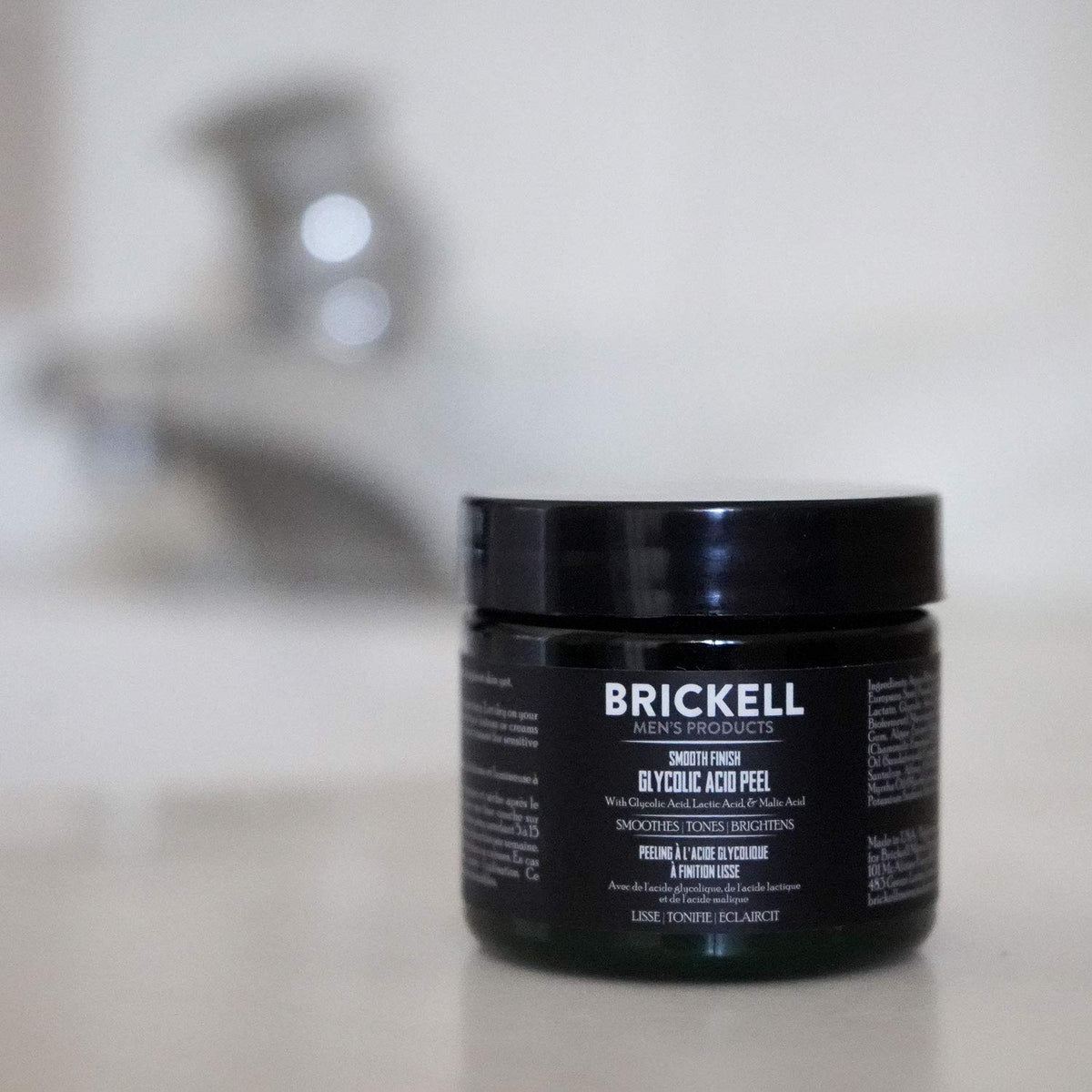 Brickell Smooth Finish Glycolic Peel texture close-up highlights gentle peeling.