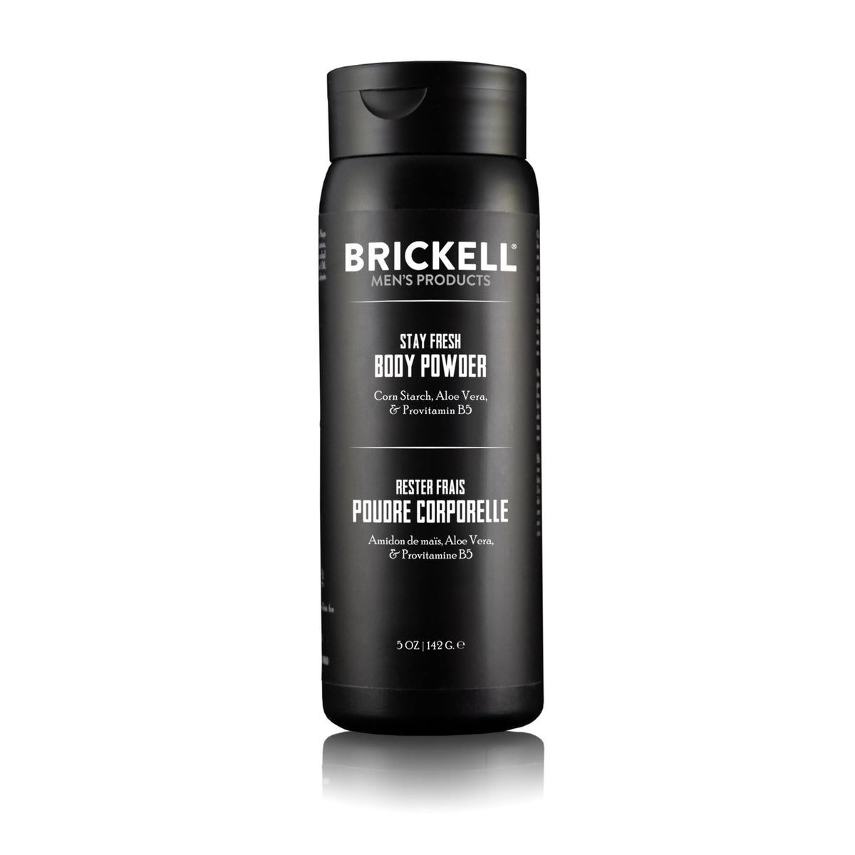 Brickell Stay Fresh Body Powder bottle pour showing talc-free absorption for comfort