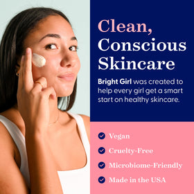 After-use result showing refreshed, radiant teen complexion with Bright Girl Calm+Bright mask