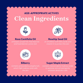 Close look at Bright Girl Calm+Bright mask ingredients including Rosa Centifolia and Rosehip oils