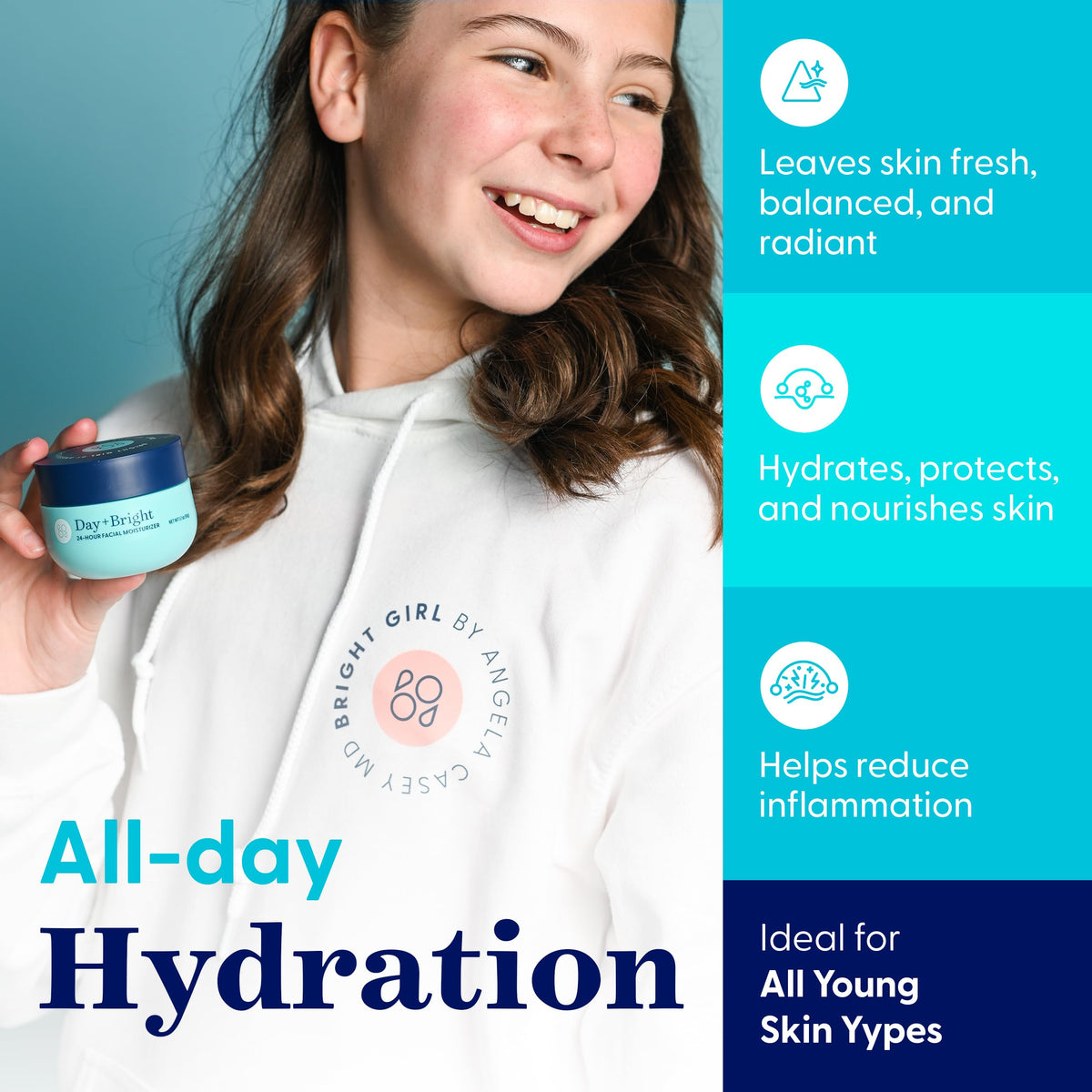 Teen applies Day+Bright moisturizer during morning routine for gentle hydration.