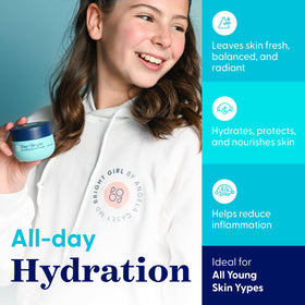 Teen applies Day+Bright moisturizer during morning routine for gentle hydration.