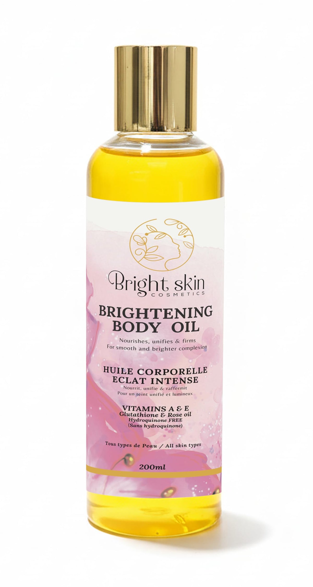 Bright Skin Cosmetics Brightening Body Oil bottle for daily use and a smooth glow.