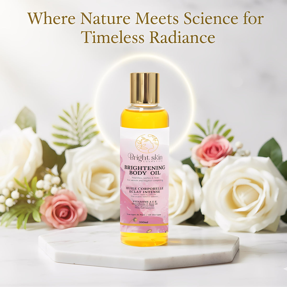 Bright Skin Cosmetics glutathione and arbutin ingredients label highlights active brightening components.