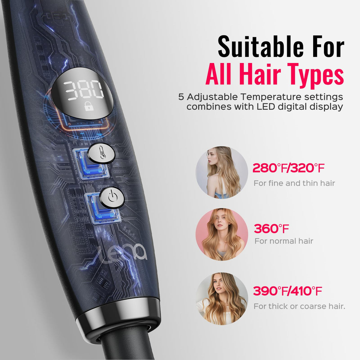 BrighterwithLena thermal brush offers 5 heat settings for different hair types.