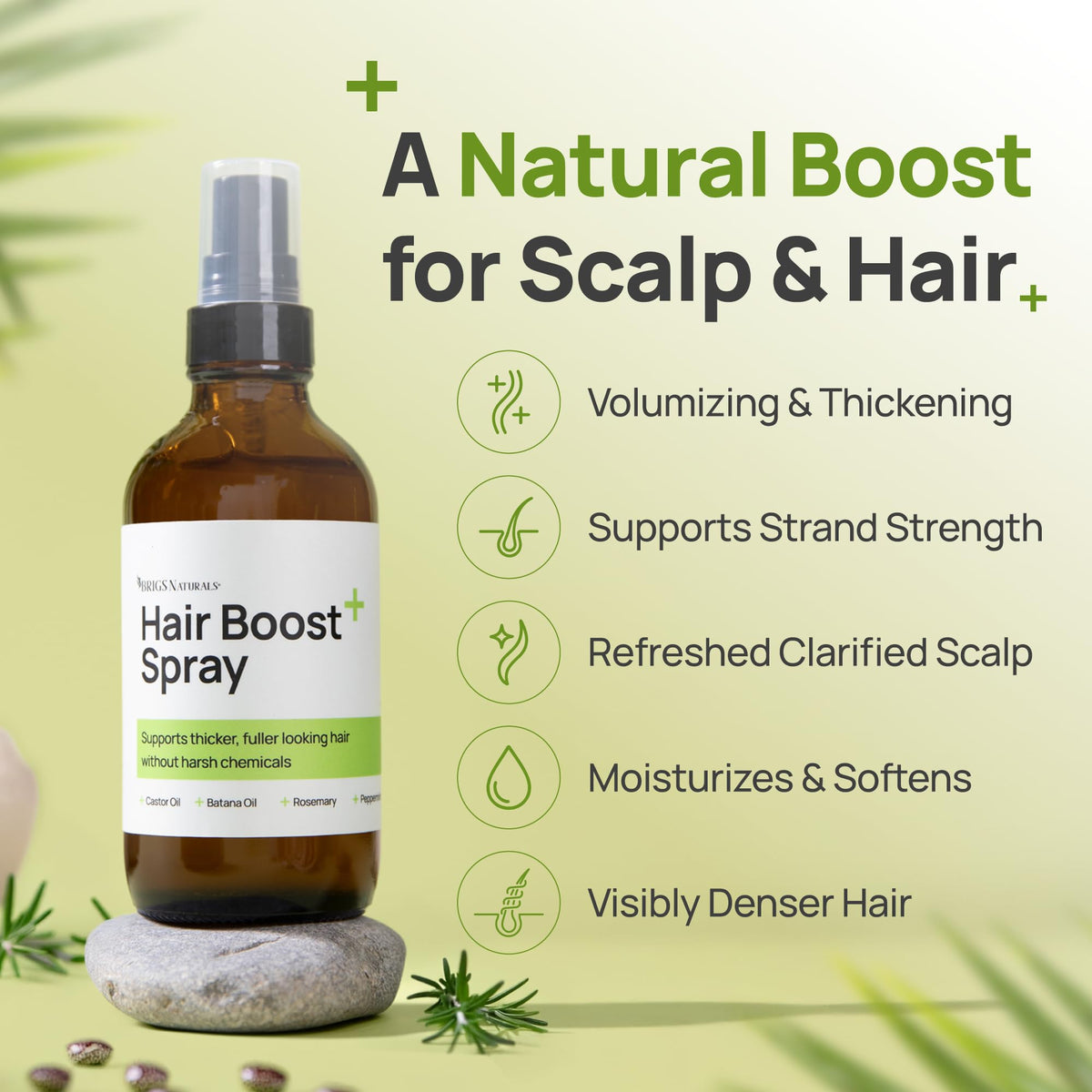 Brigs Naturals Hair Boost Spray label highlights USA-made formula and botanical ingredients.