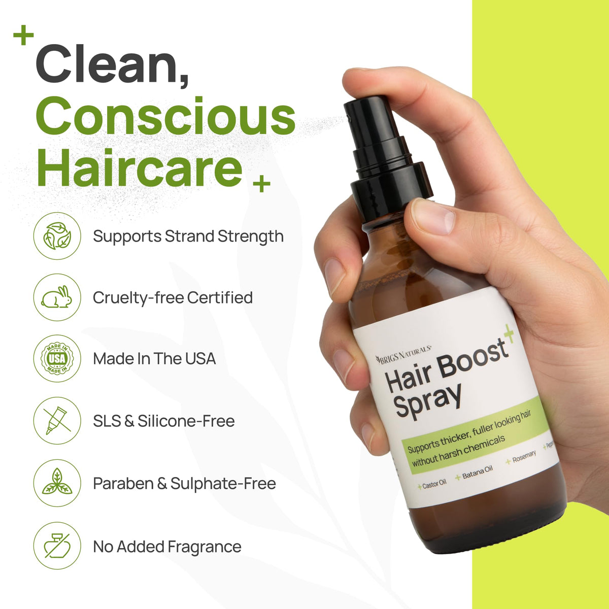 Brigs Naturals Hair Boost Spray peppermint scent delivers a refreshing feel.