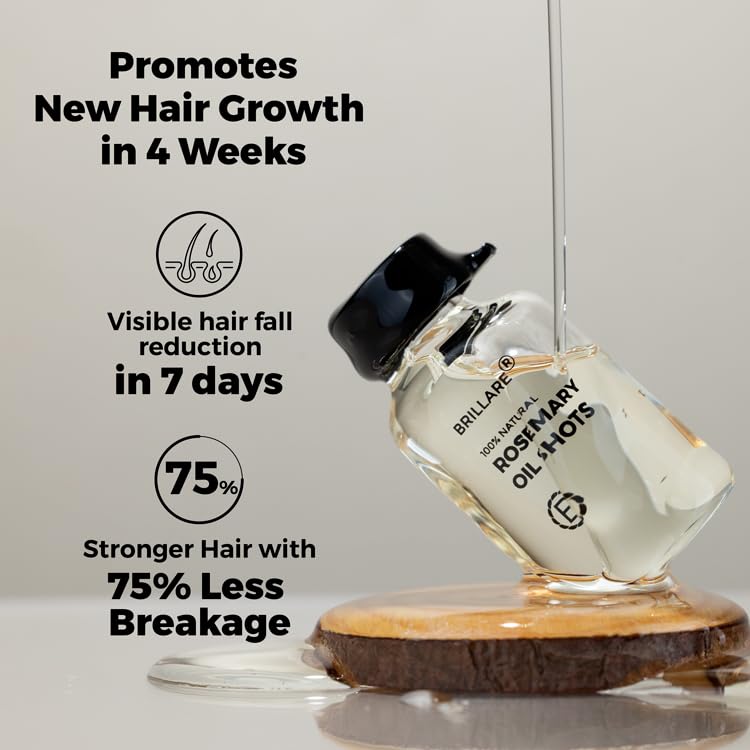 BRILLARE Rosemary Oil Shots in hand with bottle, easy dosing for targeted scalp nourishment.