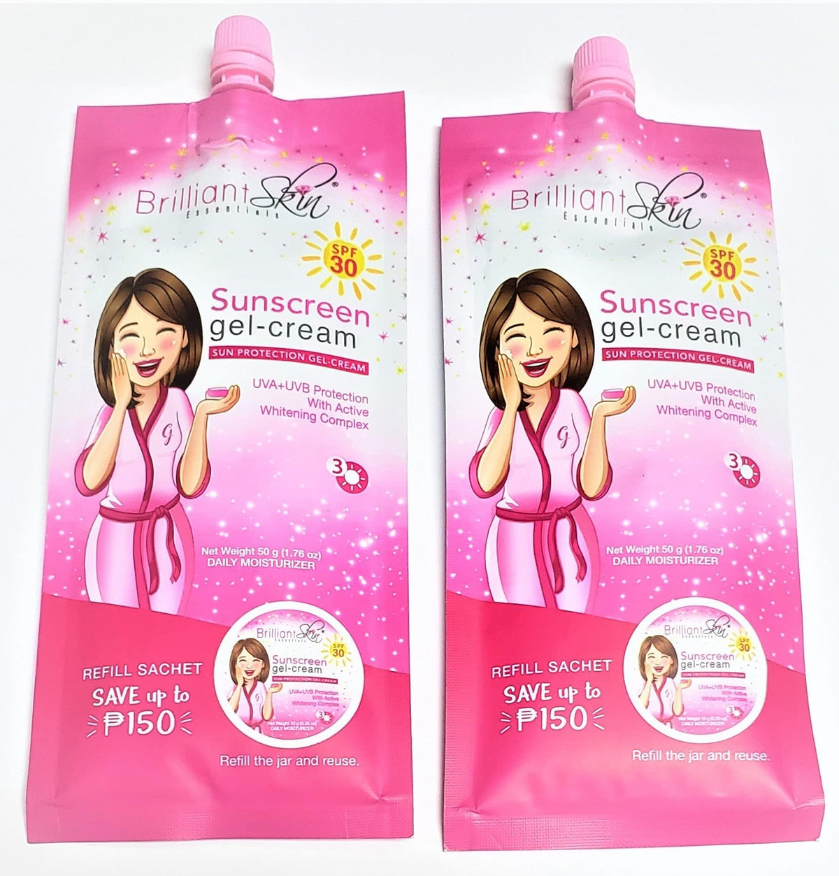 BRILLIANT SKIN Sunscreen Gel-Cream pack of 2 sachets for daily UV protection and hydration