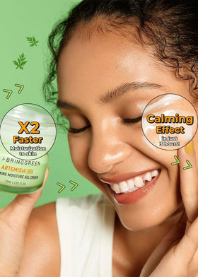 Texture closeup of BRING GREEN Artemisia Cera Calming Moisture Gel Cream showing gel texture and absorption.