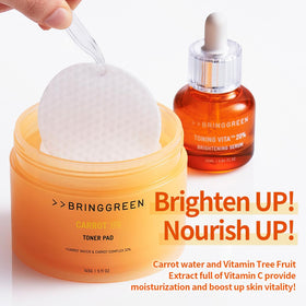 BRING GREEN Carrot Toner Pad with bottle suggests simple daily routine for balanced skin and fewer blackheads