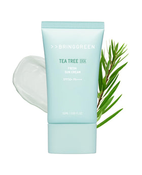 BRING GREEN Tea Tree CICA Mineral Sunscreen bottle for lightweight daily SPF 50+ protection.