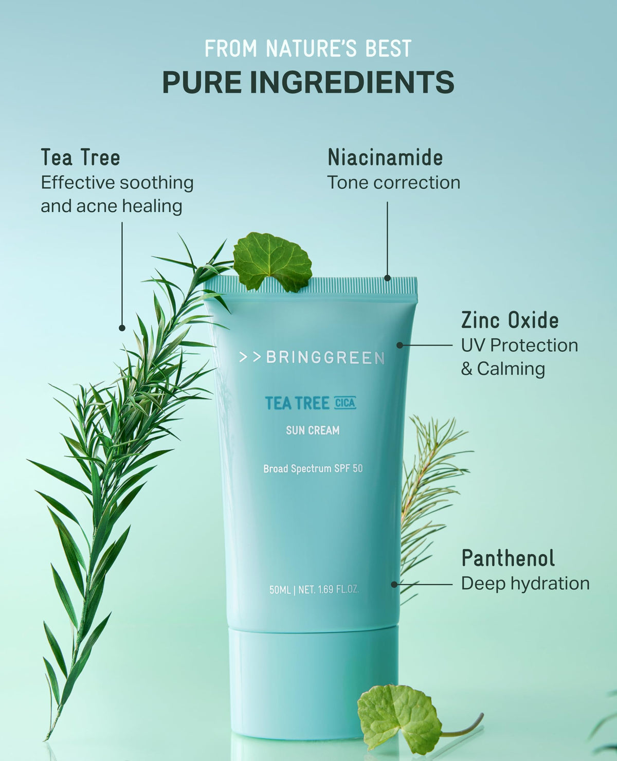 BRING GREEN Tea Tree CICA Mineral Sunscreen ingredients highlight mineral UV protection and soothing extracts.