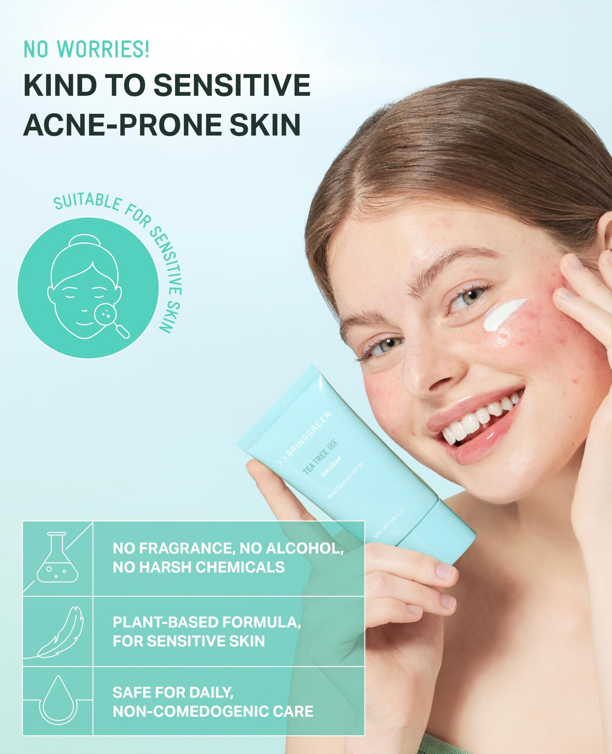 BRING GREEN Tea Tree CICA Mineral Sunscreen pump dispensing even coverage without clogging pores.