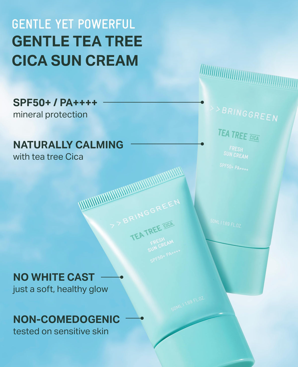BRING GREEN Tea Tree CICA Mineral Sunscreen swatch on skin showing natural finish.