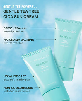 BRING GREEN Tea Tree CICA Mineral Sunscreen swatch on skin showing natural finish.