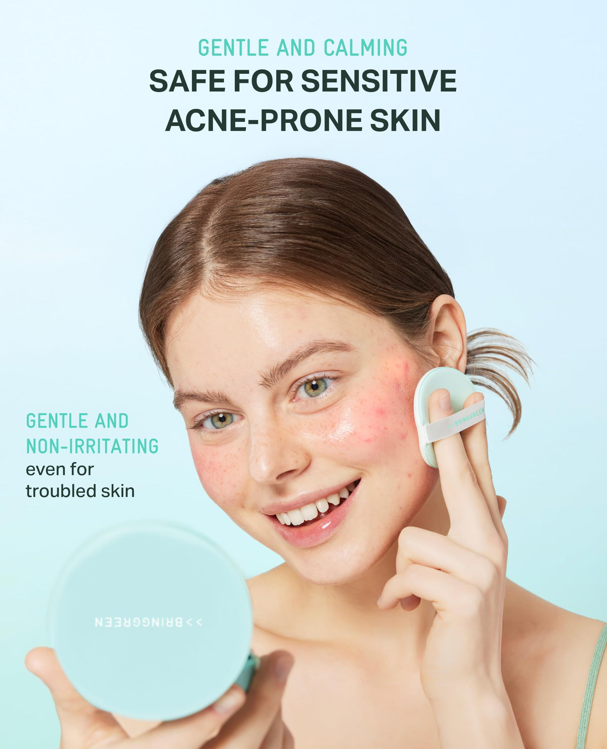 Swirl texture on skin with BRING GREEN Tea Tree CICA Sun Cushion tone-up finish