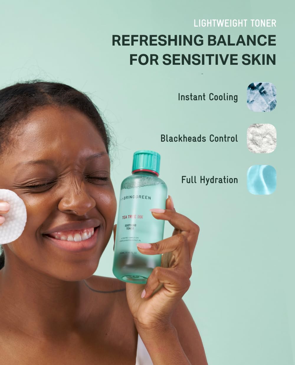 BRING GREEN Tea Tree CICA Toner ingredient close-up shows vegan botanicals for balanced skin